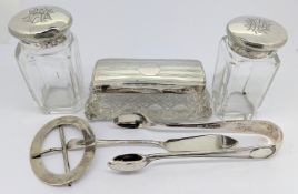 A small collection of silver items, to include a pair of glass bottles and cut glass box with silver