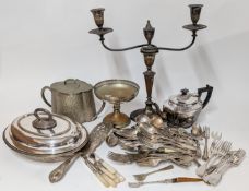 A collection of silver plated items, to include tea caddy, warming dish, flatware, teapot, etc.