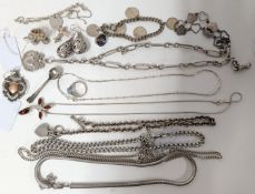 A collection of silver jewellery, to include necklaces, charms, ring, pendants, etc, total weight