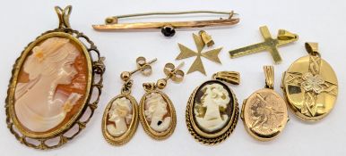 A small collection of 9ct gold jewellery including lockets, cameo's etc, approx 18.5g.