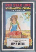 A vintage travel poster for the 'Red Star Line, Southampton to Canada, Via Cherbourg', of a woman