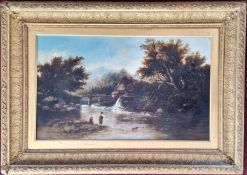 A late 19th / early 20th century oil on canvas landscape of children playing by a river, unsigned,
