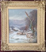 A late 19th / early 20th century oil on canvas of sheep in a winter landscape, signature