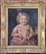 A 19th century oil on canvas portrait of a young girl in a pink dress, holding cherries, in an