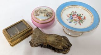 A small collection of 19th century raised dish and trinket box, together with a brass hand clip, and