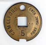 Of Locomotive interest, a Tyre's Single Lane Tablet, North Cornwall Line, stamped 'CAMELFORD, PORT