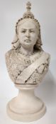 A white stone style bust of Queen Victoria, floral motifs to bodice, height approx 40cm.