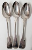 Three silver table spoons, to include a Victorian pair together with another, monogrammed 'MR',