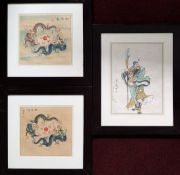 A pair of Chinese dragon watercolours, together with a watercolour of Guan Yu, framed and glazed. (