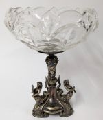 An electroplated dessert stand, the trefoil base with mermaid figures and glass bowl, height