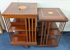 An Edwardian revolving bookcase, mahogany with inlay, on castors, height approx 86cm, together