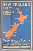 A vintage travel poster for the 'New Zealand, direct via Panama Canal, Shaw Savill & Albion Line',