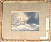 Follower of Copley Fielding, monochrome watercolour of a ship reefed down in a gale, unsigned,