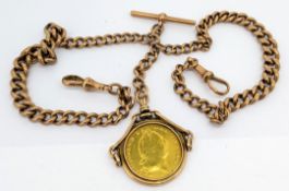 A 9ct gold watch chain set with a George III Guinea 1790 mounted, total weight approx 74.3g.