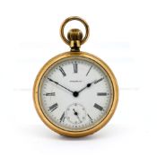Waltham, a gold filled pocket watch with white enamel dial and Roman Numerals and a subsidiary