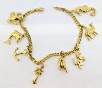 A gold charm bracelet set with eight charms, set in 18ct gold, approx 18.8g.