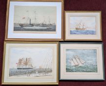 Four watercolour maritime scenes, to include one of 'Revenge' commanded by Drake during battles in