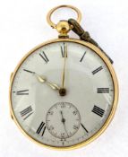 A George V open face pocket watch, set in 18ct yellow gold, key wind, white enamel dial with Roman