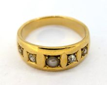 A diamond and pearl set ring, set in yellow gold (not hallmarked), size M, approx 5g.