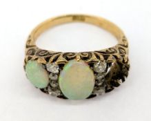An antique opal and diamond ring, set in 18ct yellow gold, approx 4.3g, size J/K (one opal stone