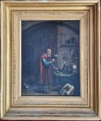 An oil on board Dutch Style painting of a 18th century man in an interior, unsigned, framed, overall