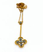 An Edwardian sapphire and pearl necklace, curb chain to the pendant centrepiece of stylised openwork