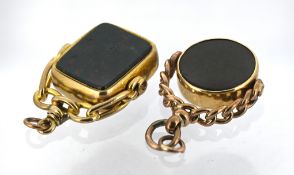 Two antique bloodstone and carnelian swivel fobs, including a 9ct gold rectangular swivel fob, UK