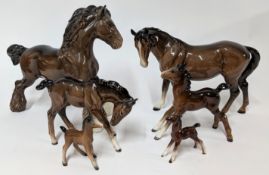 Six Beswick Horses, to include one shire horse, four fouls and another, in brown gloss, stamped to