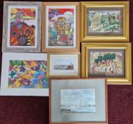 A collection of watercolour and abstract paintings. (7)