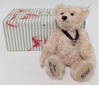Steiff limited edition Queen Elizabeth II 90th Birthday Bear, 2016, rose mohair bear with purple