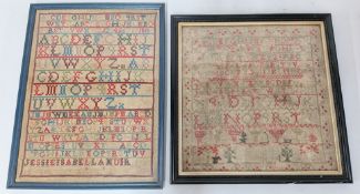 Two embroidery, cross-stitch, alphabet samplers, framed, to include one Georgian embroidery,