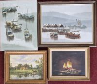 Four oil on canvas paintings, to include three maritime scenes, and a rural landscape. (4)