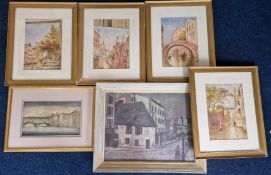 A collection of urban watercolour paintings. (6)