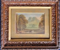 In the style of George Harris, a small oil on board of cattle in a landscape, unsigned, glazed in