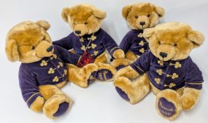 Harrods, four 2000 Christmas Bears, with jackets, one with plastic covered neck tag, embroidery to