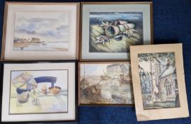 A collection of watercolour landscapes and still lives. (5)