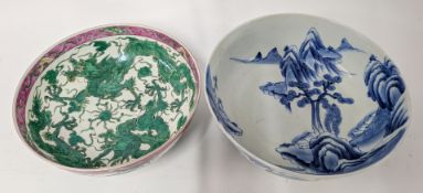 Two large Chinese bowls, to include a Famille Rose example with green dragon decoration, and another