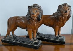 A pair of 19th century figures of lions on bases, of plaster, with painted brown 'bronzed' effect,
