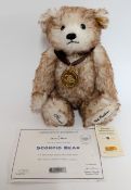 Steiff Scorpio Bear for Danbury Mint, small white and brown tipped mohair bear with brown ribbon and