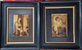 A pair of late 19th / early 20th century caramel glass painting portraits, in ebonised black