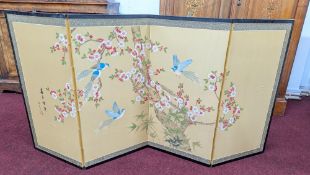 A Chinese four panel silk screen, painted decoration of blue birds among blossom, in an ebonised