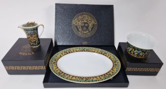Versace Rosenthall Ikarus Gold Ivy plate, dessert bowl, and mini jug, boxed. (3)