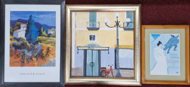 J C Whitney, oil on board 'La Vespa di Passioni', together with two French posters to include '