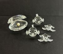 Swarovski Crystal Glass, 2x Blowfish, 2x Sea Lion and Shell with pearl, all boxed.