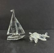 Swarovski Crystal Glass, Aeroplane & Sailboat, boxed.