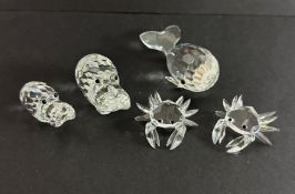 Swarovski Crystal Glass, Hippo x2, Crab Mini x2, hale, all boxed.