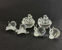 Swarovski Crystal Glass, 2x Snails, 2x Snails on Leaf and 2x Birds nest, all boxed.