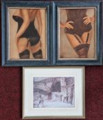 A pair of oils on canvas female studies, together with a Russel Flint print, framed.
