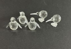 Swarovski Crystal Glass, Penguin Sir x3 and Kiwi x2, boxed.