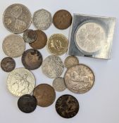 A small collection of antique and commemorative coins, to include a 1935 crown, 1862 half penny,